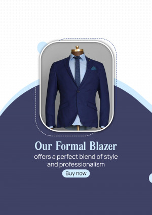 A navy blue formal blazer displayed on a mannequin with a light blue shirt and tie.