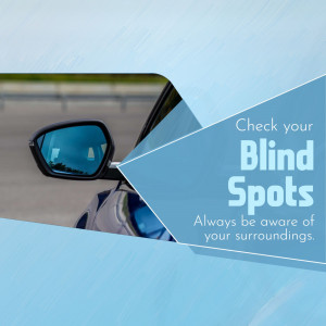 Car side mirror reflecting a road with text 'Check your Blind Spots'