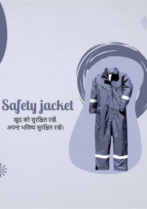 Blue safety jacket with reflective stripes on a light purple background