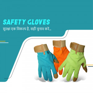Three colorful safety gloves - blue, orange, and green - displayed on a teal background.