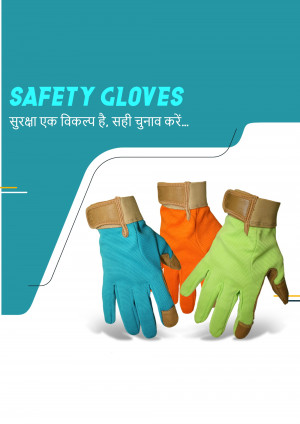 Three pairs of colorful safety gloves - blue, orange, and green - on a teal background.