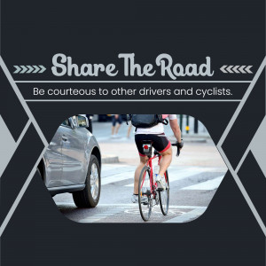 Image depicting a car and a cyclist sharing the road with a message promoting courtesy.