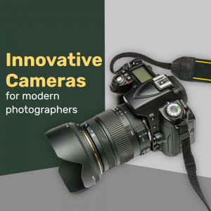 DSLR camera with strap on a grey and green background