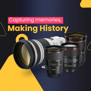 A collection of professional camera lenses with the text 'Capturing memories, Making History'