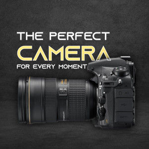DSLR camera with gold accents on a dark background