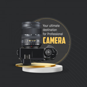 A professional camera with a zoom lens on a display platform.
