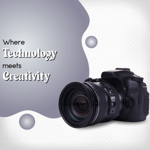 DSLR camera with text overlay 'Where Technology meets Creativity'