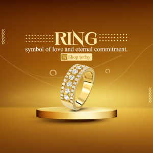 Close-up of a gold diamond ring on a golden pedestal