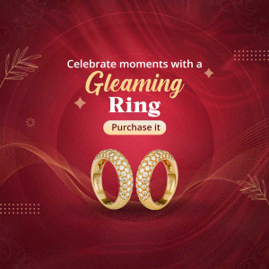 Close-up of a gold diamond ring on a red background with promotional text.