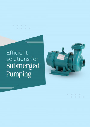 Teal submersible pump on a light blue background with text overlay