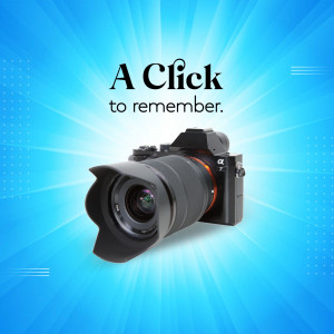 Camera on a vibrant blue background with text 'A Click to remember.'