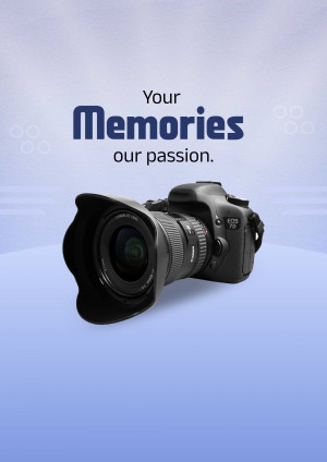 DSLR camera on a blue gradient background with text 'Your Memories our passion.'