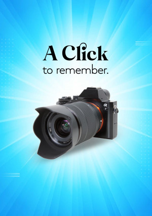 Camera advertisement with a blue burst background