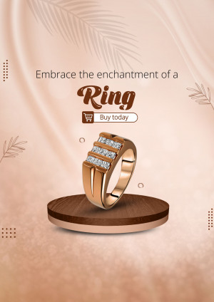 Close-up of a rose gold diamond ring on a pedestal with promotional text.