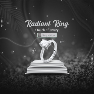 Silver ring with a diamond on a pedestal, promoting a luxury jewelry brand.