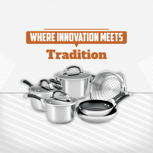 A collection of stainless steel pots, pans, and lids arranged on a white and gray surface.