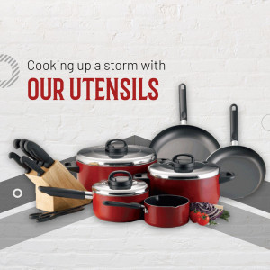 A collection of red and black kitchen utensils including pots, pans, and knives.