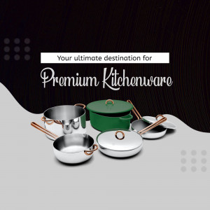 A collection of stainless steel and green cookware on a gradient background with text promoting premium kitchenware.