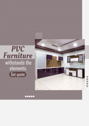 A modern kitchen with purple and brown PVC cabinets and white countertops.