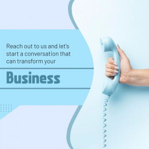 Hand holding a blue telephone receiver with text about starting a business conversation.