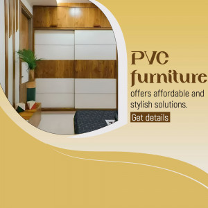 Modern bedroom with PVC furniture and a promotional graphic