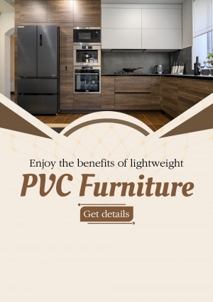 A modern kitchen featuring dark stainless steel appliances, wooden cabinets, and white countertops with a promotional banner for PVC furniture.