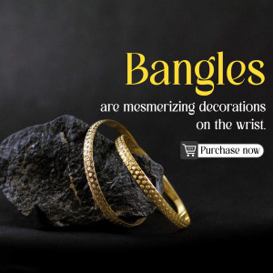 Close-up of golden bangles on a dark stone background with text 'Bangles are mesmerizing decorations'