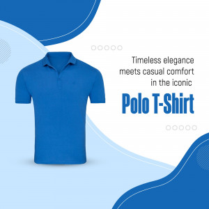A blue polo t-shirt displayed in an advertisement with text promoting its timeless elegance and casual comfort.