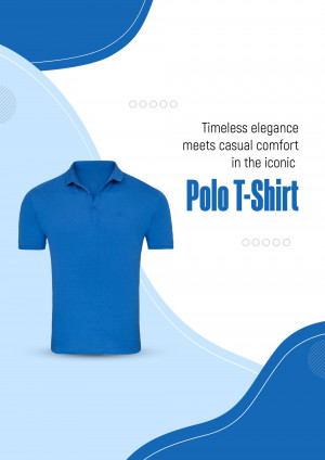 A blue polo t-shirt displayed on a white and blue background with text promoting its timeless elegance.