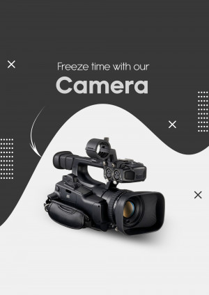 Black professional camera on a modern abstract background with text 'Freeze time with our Camera'