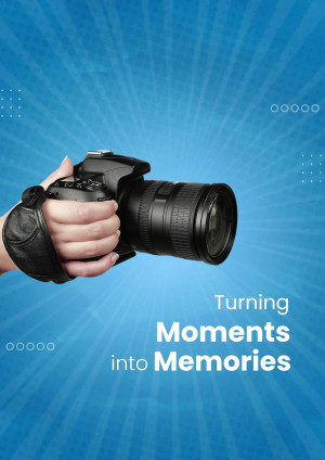 A hand holding a DSLR camera against a blue radial background with text 'Turning Moments into Memories'
