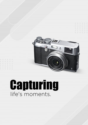 Silver and black Fujifilm X100V camera with the text 'Capturing life's moments.'