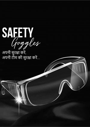 Close-up of safety goggles with text promoting safety
