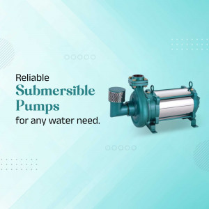 Image of a submersible pump against a teal and white background with text promoting reliable water pumps.