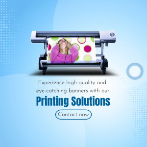 Large format printer displaying a vibrant banner with a woman in the design, promoting printing services.