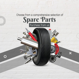 Collage of various car spare parts including a tire, engine components, and tools.