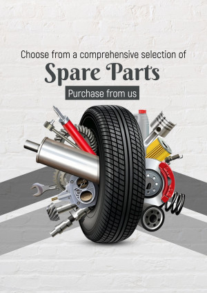 Assortment of spare parts including a tire, engine components, and tools.