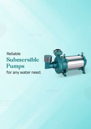 Image of a green and silver submersible pump against a light blue background with text.