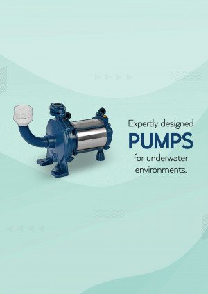Blue submersible pump on a light blue background with text 'PUMPS for underwater environments'