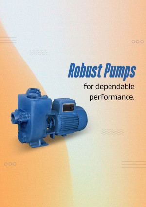 Blue robust pump on a peach and white background with text.