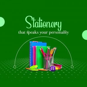 Stationery items including notebooks, pencils, pens, and a stapler on a green background.