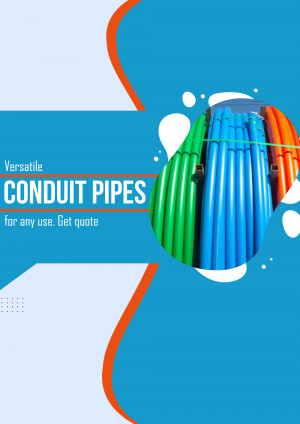 Colorful conduit pipes arranged in a circular display with text promoting their versatility.