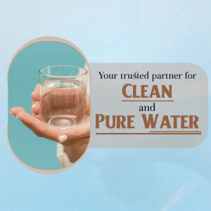 Hand holding a glass of water with text promoting clean and pure water.