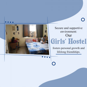 Image of a girls' hostel room with students studying, promoting a secure and supportive environment.