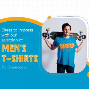 Man holding a skateboard wearing a blue t-shirt with text 'Skate or Die' and an advertisement for men's t-shirts.