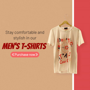A promotional image featuring a cream-colored men's t-shirt hanging on a wooden hanger against a two-tone peach and red background.