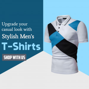 Men's color block polo shirt with promotional text