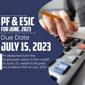 Image showing a hand holding a pencil over a calculator with text indicating PF & ESIC due date for June 2023.