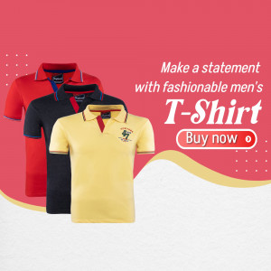 A promotional image featuring a variety of men's polo t-shirts in red, yellow, and navy blue.