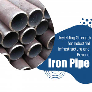 Stack of dark iron pipes with text overlay promoting industrial strength